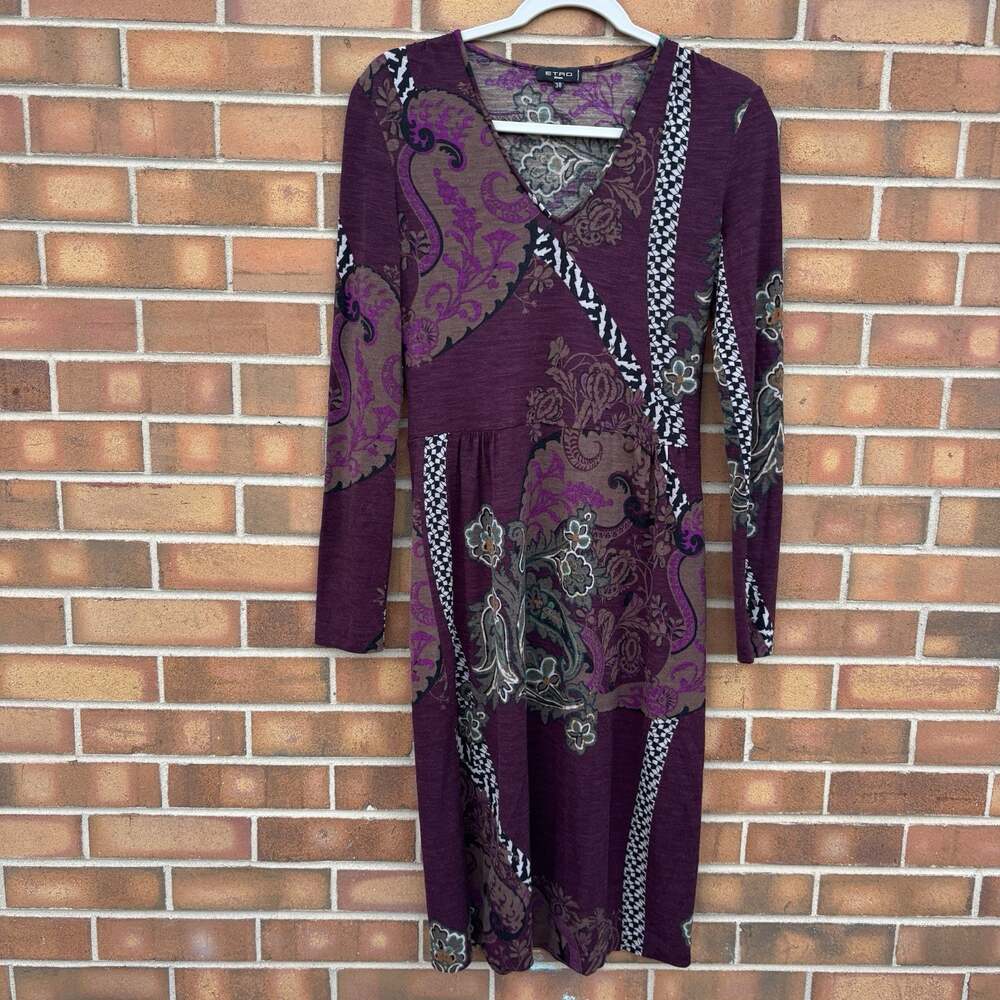 Etro Paisley Print Midi Dress Sz 38 Purple Wool Blend Long Sleeve Italian Boho